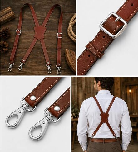 Genuine Leather Suspenders for Men Heavy Duty X Back Brown Braces Adjustable Groomsmen Wedding Gift in Saudi Arabia