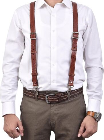 Genuine Leather Suspenders for Men Heavy Duty X Back Brown Braces Adjustable Groomsmen Wedding Gift in Saudi Arabia