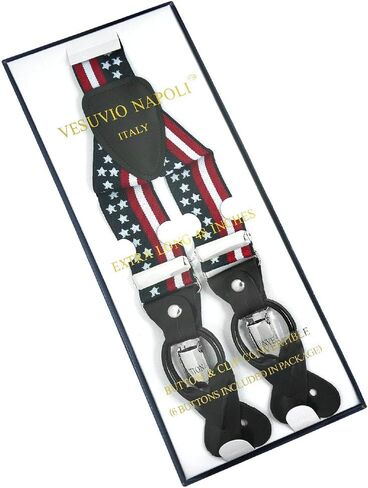 Vesuvio Napoli Men's USA AMERICAN FLAG Patriotic SUSPENDERS Y Shape Elastic Buttons & Clips in Kuwait