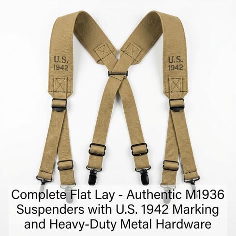 WW2 US Army M1936 Suspenders - Original Pattern X-Back Canvas Web Gear Suspenders for Belt, Authentic Replica for M1 Garand & BAR Belts, WWII Reenactment, Men's Adjustable Elastic in Saudi Arabia