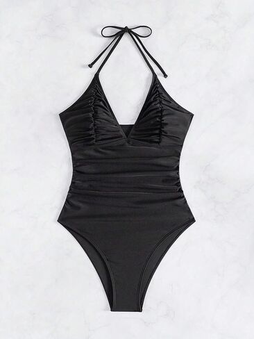 Women's Backless Halter Neck One-Piece Swimsuit - Monokini Swimwear for Beach & Pool Solid Color High Stretch Fabric in Kuwait