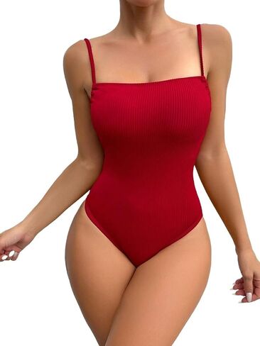 Womens Spaghetti Strap Backless Monokini Swimsuit - Casual Ribbed One-Piece Bikini for Summer Beach Fun in Kuwait