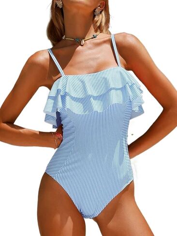 Cute Women's Spaghetti Strap Striped Monokini Swimsuit - Ruffle Trimmed One-Piece for Beach & Vacation in Kuwait