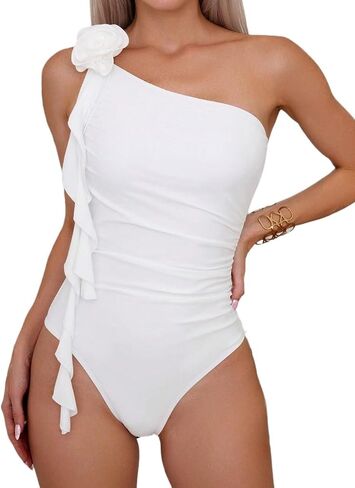 Womens Semi-Sheer Ruffle Trim One Shoulder Monokini Swimsuit - Elegant Beachwear for Summer Vacations in Kuwait
