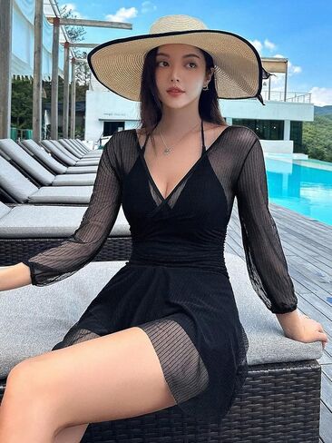 Womens Halter Neck Casual One Piece Swimsuit - Sheer Monokini for Beach & Vacation in Kuwait