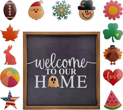 Wall Things Co. Interchangeable Welcome to our Home Sign for Front Door with 14 Changeable Magnets, Seasonal Front Porch Decorations, Rustic Farmhouse Home Decor, 16x16 Inch in Saudi Arabia
