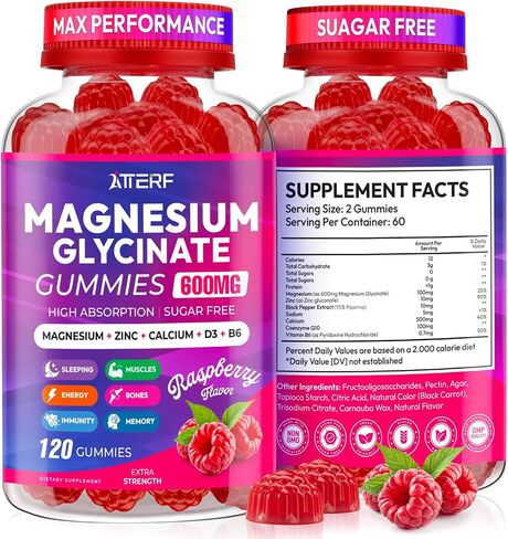 Magnesium Glycinate Gummies 600mg, Sugar Free High Absorption Chewable Magnesium Gummies with Zinc, Calcium, CoQ10 & B6 for Zzz, Relaxation, Brain & Muscle Support, Magnesium Supplement with Family in Kuwait