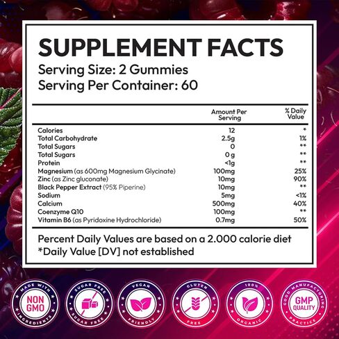 Magnesium Glycinate Gummies 600mg, Sugar Free High Absorption Chewable Magnesium Gummies with Zinc, Calcium, CoQ10 & B6 for Zzz, Relaxation, Brain & Muscle Support, Magnesium Supplement with Family in Kuwait