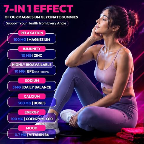 Magnesium Glycinate Gummies 600mg, Sugar Free High Absorption Chewable Magnesium Gummies with Zinc, Calcium, CoQ10 & B6 for Zzz, Relaxation, Brain & Muscle Support, Magnesium Supplement with Family in Kuwait