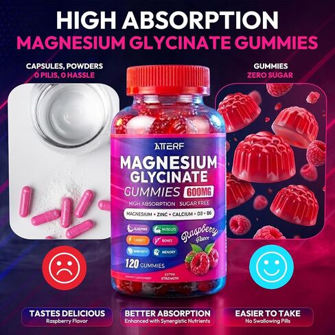 Magnesium Glycinate Gummies 600mg, Sugar Free High Absorption Chewable Magnesium Gummies with Zinc, Calcium, CoQ10 & B6 for Zzz, Relaxation, Brain & Muscle Support, Magnesium Supplement with Family in Saudi Arabia