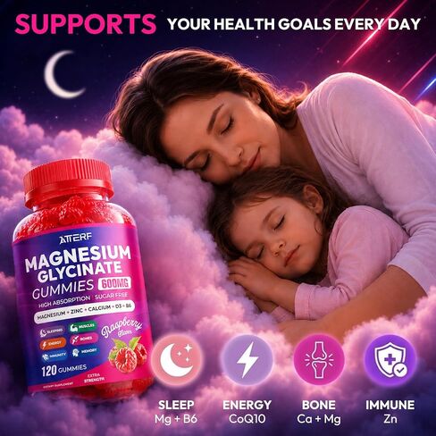 Magnesium Glycinate Gummies 600mg, Sugar Free High Absorption Chewable Magnesium Gummies with Zinc, Calcium, CoQ10 & B6 for Zzz, Relaxation, Brain & Muscle Support, Magnesium Supplement with Family in Saudi Arabia