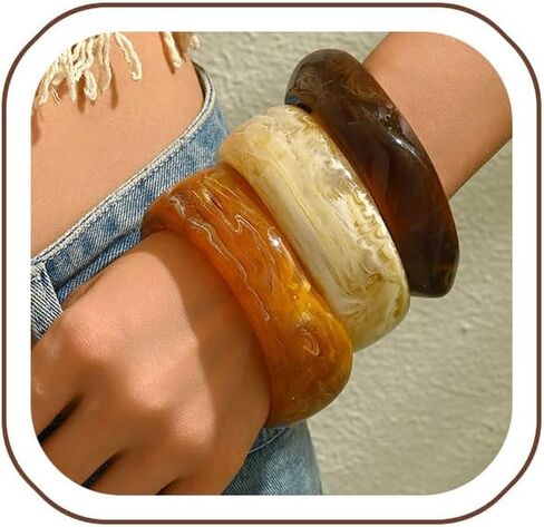3 PCS Chunky Acrylic Bangle Resin Bracelet for Women Boho Stackable Irregular Geometric Bangle Statement Lightweight Wide Bracelets Set Vintage Trendy Fall Winter Jewelry in Saudi Arabia