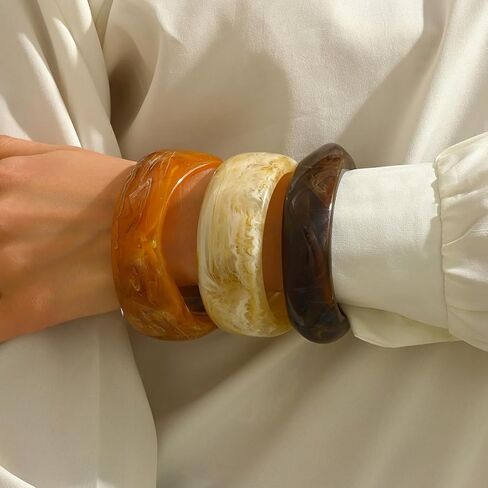 3 PCS Chunky Acrylic Bangle Resin Bracelet for Women Boho Stackable Irregular Geometric Bangle Statement Lightweight Wide Bracelets Set Vintage Trendy Fall Winter Jewelry in Saudi Arabia