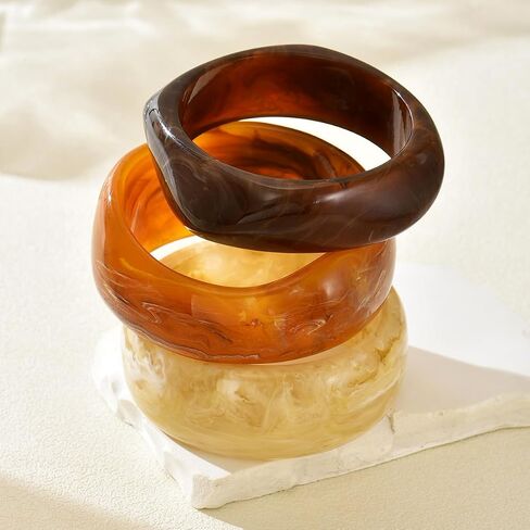3 PCS Chunky Acrylic Bangle Resin Bracelet for Women Boho Stackable Irregular Geometric Bangle Statement Lightweight Wide Bracelets Set Vintage Trendy Fall Winter Jewelry in Saudi Arabia
