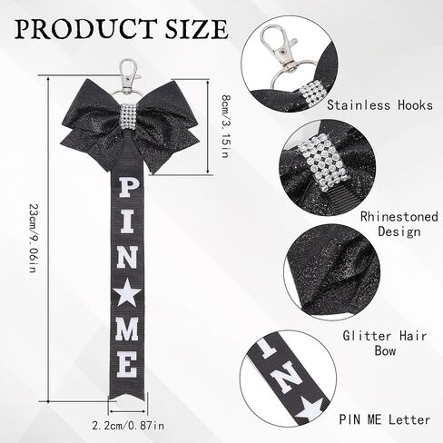NICENEEDED 6 PCS Glitter Cheer Bow Keychain, Cheerleader Pin Me Bow Keychain for Backpacks, Black Cheer Ribbon Keychains with Rhinestones Bows Pins Holder Spirit Gift in Kuwait