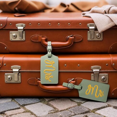Hsei 2 Pcs Mr and Mrs Luggage Tags 2026 Honeymoon Gifts Wedding PU Leather His Her Luggage Tag Bridal Shower Gifts for Couple(Sage Green) in Kuwait