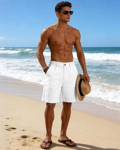 CEHT Men's Cotton Linen Shorts Button Elastic Waist Casual Summer Beach Vacation Golf Shorts with Pocket in Saudi Arabia