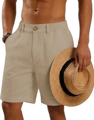 CEHT Men's Cotton Linen Shorts Button Elastic Waist Casual Summer Beach Vacation Golf Shorts with Pocket in Saudi Arabia