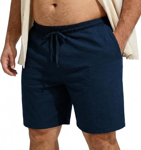 Big Men's Faux Linen Shorts Elastic Waist Drawstring Plus Size Summer Beach Shorts in Saudi Arabia