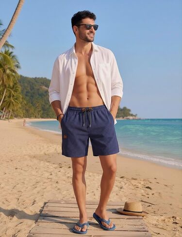 Men's Shorts Casual 5" Waffle Elastic Waist Drawstring Lightweight Loose Fit Beach Shorts with Pockets in Kuwait