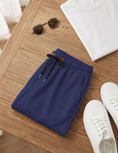 Men's Shorts Casual 5" Waffle Elastic Waist Drawstring Lightweight Loose Fit Beach Shorts with Pockets in Kuwait