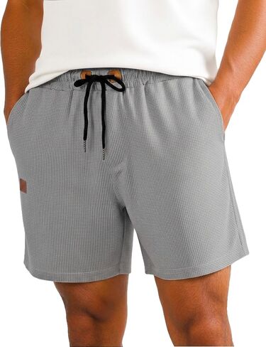 Men's Shorts Casual 5" Waffle Elastic Waist Drawstring Lightweight Loose Fit Beach Shorts with Pockets in Kuwait