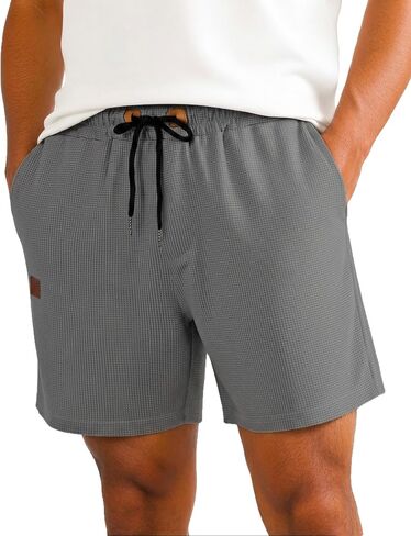 Men's Shorts Casual 5" Waffle Elastic Waist Drawstring Lightweight Loose Fit Beach Shorts with Pockets in Kuwait