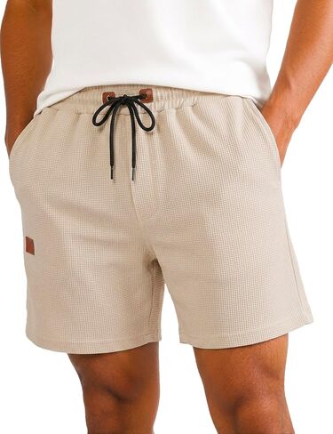 Men's Shorts Casual 5" Waffle Elastic Waist Drawstring Lightweight Loose Fit Beach Shorts with Pockets in Kuwait
