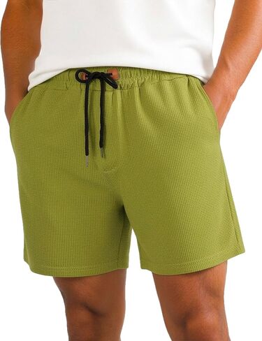 Men's Shorts Casual 5" Waffle Elastic Waist Drawstring Lightweight Loose Fit Beach Shorts with Pockets in Kuwait