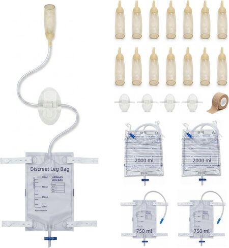 External Condom Catheters for Men (14pcs 30mm),2×750ml Anti-Reflux Leg Bags & 2×2000ml Overnight Urine Bags,Male External Urinary Catheter System for Incontinence,Wearable Kit with Adhesives & Bandage in Kuwait