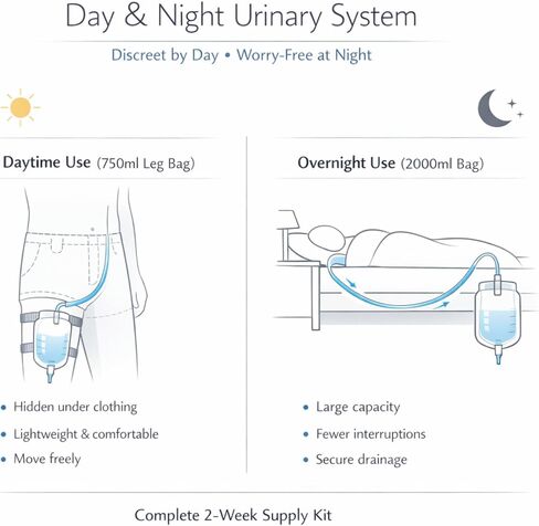 External Condom Catheters for Men (14pcs 30mm),2×750ml Anti-Reflux Leg Bags & 2×2000ml Overnight Urine Bags,Male External Urinary Catheter System for Incontinence,Wearable Kit with Adhesives & Bandage in Kuwait