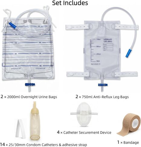 External Condom Catheters for Men (14pcs 30mm),2×750ml Anti-Reflux Leg Bags & 2×2000ml Overnight Urine Bags,Male External Urinary Catheter System for Incontinence,Wearable Kit with Adhesives & Bandage in Kuwait