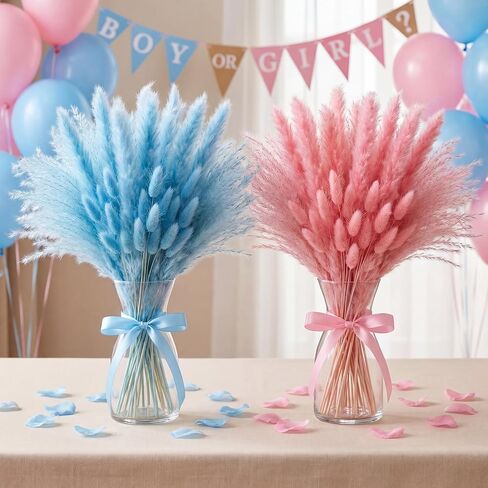 Hoteam 105 Pcs Gender Reveal Decorations Boy or Girl Baby Shower He or She Pink and Blue Pampas Grass, Boho Gender Reveal Pampas Grass Party Decor, Dried Flowers for Table Centerpieces Vase Fillers in Kuwait