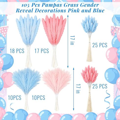 Hoteam 105 Pcs Gender Reveal Decorations Boy or Girl Baby Shower He or She Pink and Blue Pampas Grass, Boho Gender Reveal Pampas Grass Party Decor, Dried Flowers for Table Centerpieces Vase Fillers in Kuwait