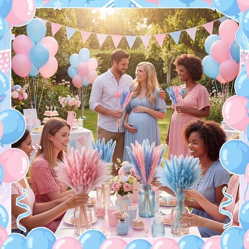 Hoteam 105 Pcs Gender Reveal Decorations Boy or Girl Baby Shower He or She Pink and Blue Pampas Grass, Boho Gender Reveal Pampas Grass Party Decor, Dried Flowers for Table Centerpieces Vase Fillers in Kuwait
