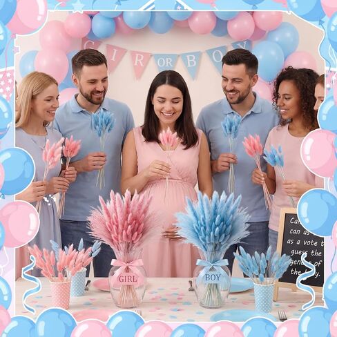 Hoteam 105 Pcs Gender Reveal Decorations Boy or Girl Baby Shower He or She Pink and Blue Pampas Grass, Boho Gender Reveal Pampas Grass Party Decor, Dried Flowers for Table Centerpieces Vase Fillers in Kuwait