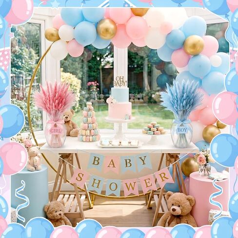 Hoteam 105 Pcs Gender Reveal Decorations Boy or Girl Baby Shower He or She Pink and Blue Pampas Grass, Boho Gender Reveal Pampas Grass Party Decor, Dried Flowers for Table Centerpieces Vase Fillers in Kuwait