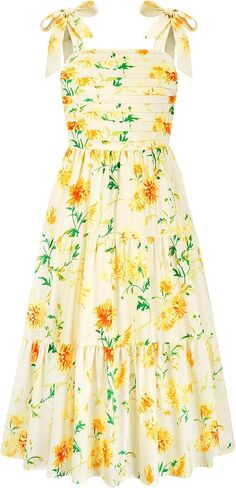 Girls Floral Dress Summer Ruched Flowy Tiered Cami Dresses Beach Vacation Midi Sundress with Pockets for 6-14 Years in Kuwait