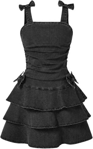 Tween Girls Denim Dress Square Neck Ruffle Hem Summer Casual Dresses Size 7-14 in Saudi Arabia