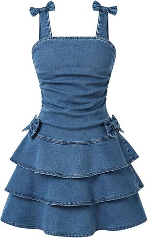Tween Girls Denim Dress Square Neck Ruffle Hem Summer Casual Dresses Size 7-14 in Saudi Arabia