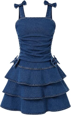 Tween Girls Denim Dress Square Neck Ruffle Hem Summer Casual Dresses Size 7-14 in Saudi Arabia