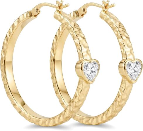 14k Gold Hoop Earrings for Women with Heart Shape Cubic Zirconia & Hand-hammered Texture, 14 kt Yellow Golds Womens Earring Hypoallergenic Lightweight, Endless Love Jewelry Gift, 2.4mmx 35mm/40mm in Saudi Arabia