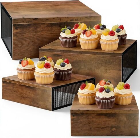 Cupcake Stand Large Buffet Risers 6" 8" 10" 12", 4 Pack Rustic Stackable Desert Table Display Set Wood Risers Display Stands, Wood Cake Stand for Dessert Table, Wedding, Birthday, Party Decor in Saudi Arabia