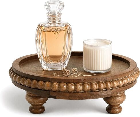 EOSAHR Round Pine Wooden Riser for Home Decor - Beaded Decorative Tray for Coffee Table - Wood Riser for Small Plant Stand & Sink Sponge Holder, Perfume Display Stand (Green) in Saudi Arabia