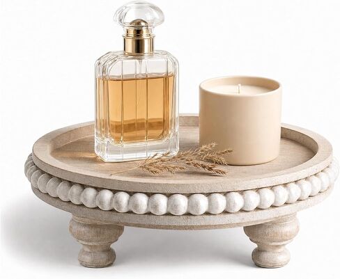 EOSAHR Round Pine Wooden Riser for Home Decor - Beaded Decorative Tray for Coffee Table - Wood Riser for Small Plant Stand & Sink Sponge Holder, Perfume Display Stand (Green) in Saudi Arabia