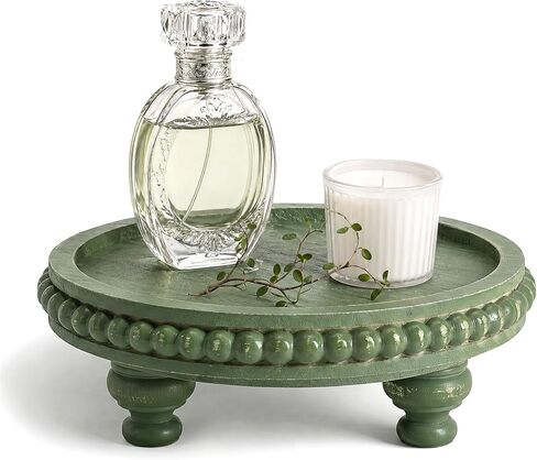 EOSAHR Round Pine Wooden Riser for Home Decor - Beaded Decorative Tray for Coffee Table - Wood Riser for Small Plant Stand & Sink Sponge Holder, Perfume Display Stand (Green) in Saudi Arabia