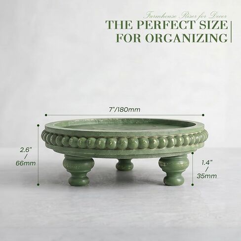 EOSAHR Round Pine Wooden Riser for Home Decor - Beaded Decorative Tray for Coffee Table - Wood Riser for Small Plant Stand & Sink Sponge Holder, Perfume Display Stand (Green) in Saudi Arabia