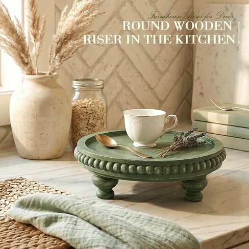EOSAHR Round Pine Wooden Riser for Home Decor - Beaded Decorative Tray for Coffee Table - Wood Riser for Small Plant Stand & Sink Sponge Holder, Perfume Display Stand (Green) in Saudi Arabia