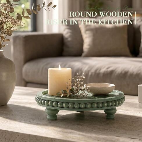 EOSAHR Round Pine Wooden Riser for Home Decor - Beaded Decorative Tray for Coffee Table - Wood Riser for Small Plant Stand & Sink Sponge Holder, Perfume Display Stand (Green) in Saudi Arabia