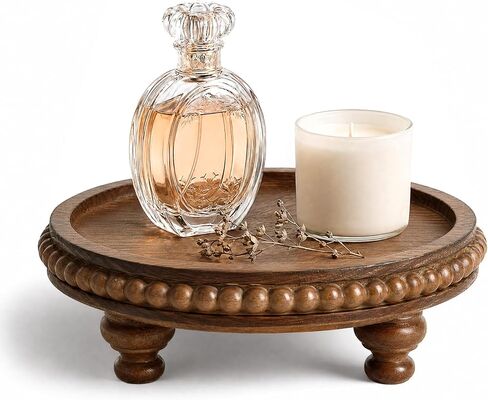 EOSAHR Round Pine Wooden Riser for Home Decor - Beaded Decorative Tray for Coffee Table - Wood Riser for Small Plant Stand & Sink Sponge Holder, Perfume Display Stand (Green) in Saudi Arabia